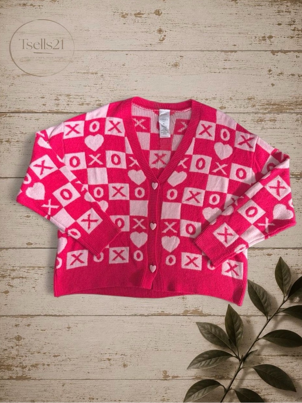 Serra Pink Valentine's Day XO Heart Checkerboard Cardigan Sweater - Size XL